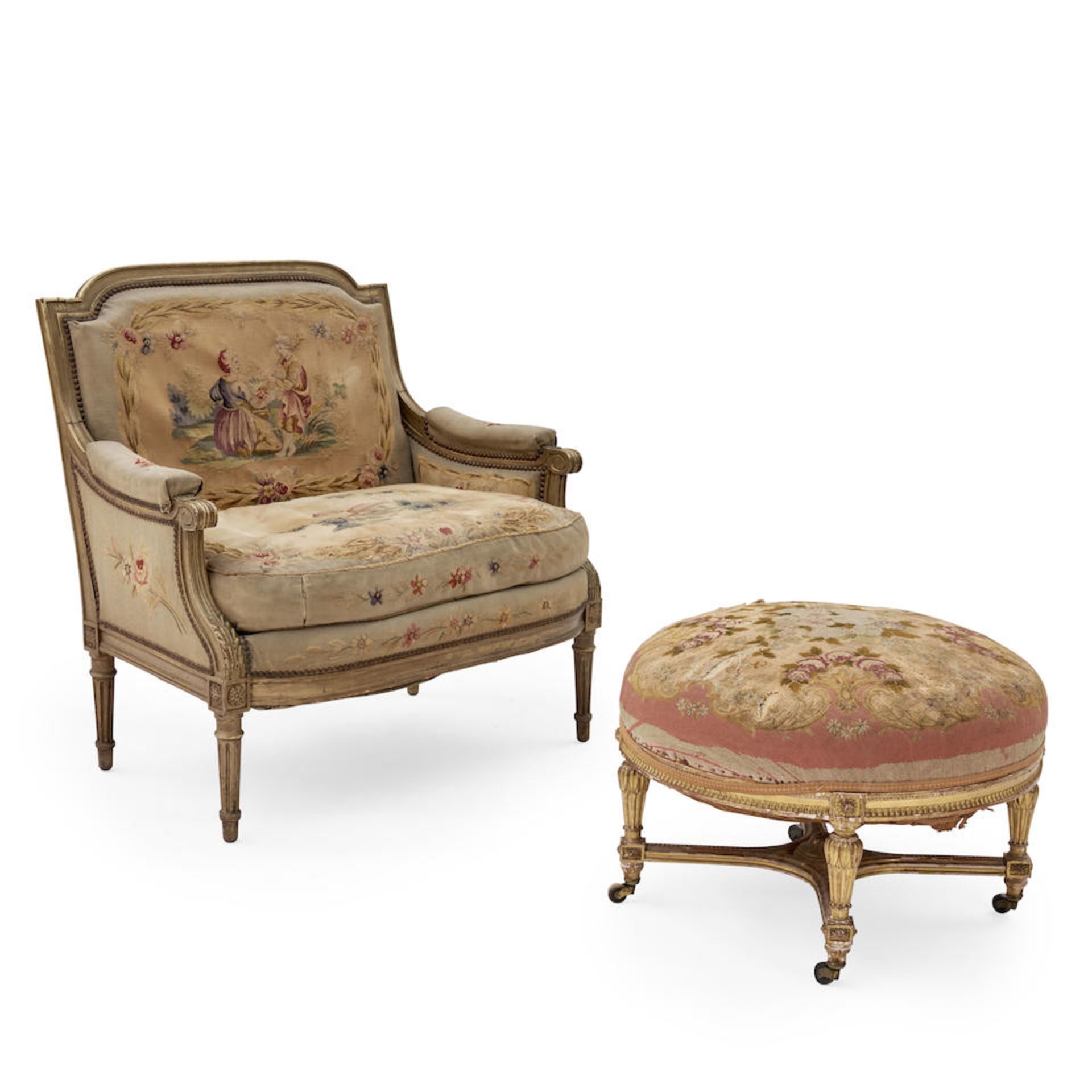 Louis XV-style Tapestry Upholstered Settee and Footrest, France, 19th century,