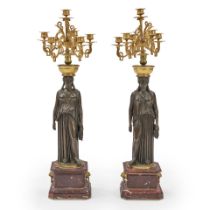 Pair of Gilded and Patinated Bronze Figural Candelabra, France 19th century,