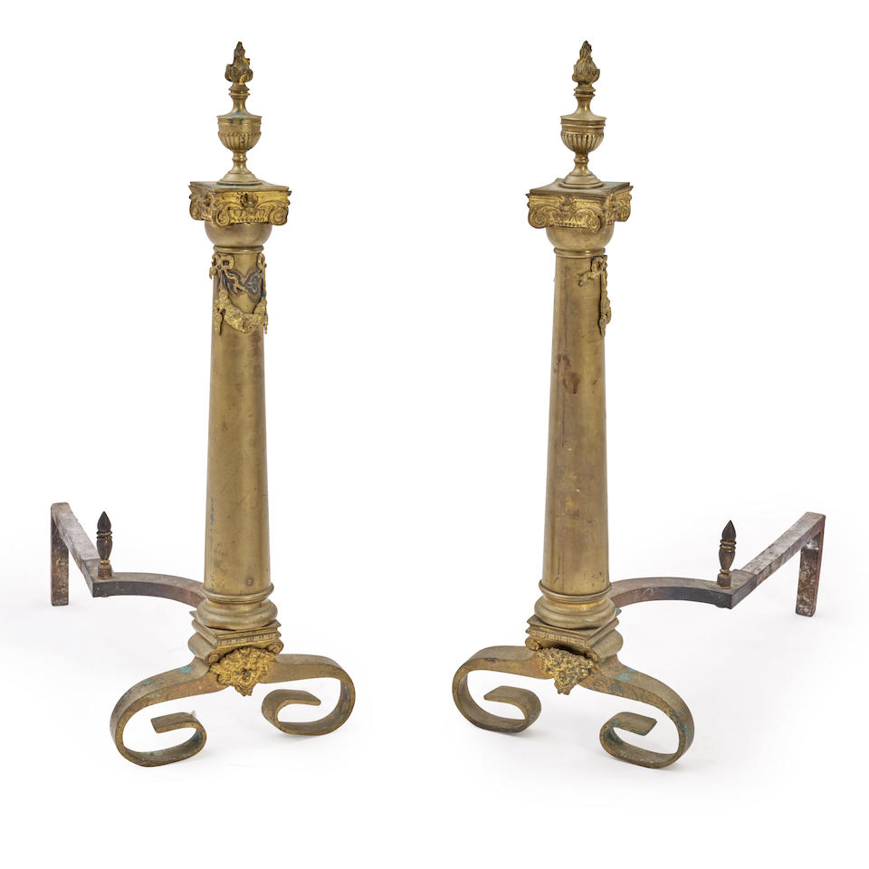 Pair of Brass Andirons, 19th century,