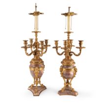 Pair of Gilt Bronze and Marble Candleabra/Lamps, France, 19th century,