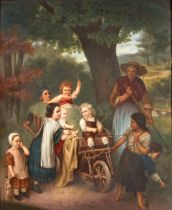 A Framed KPM Porcelain Plaque of Children Playing in a Haywagon, Germany, circa 1878,