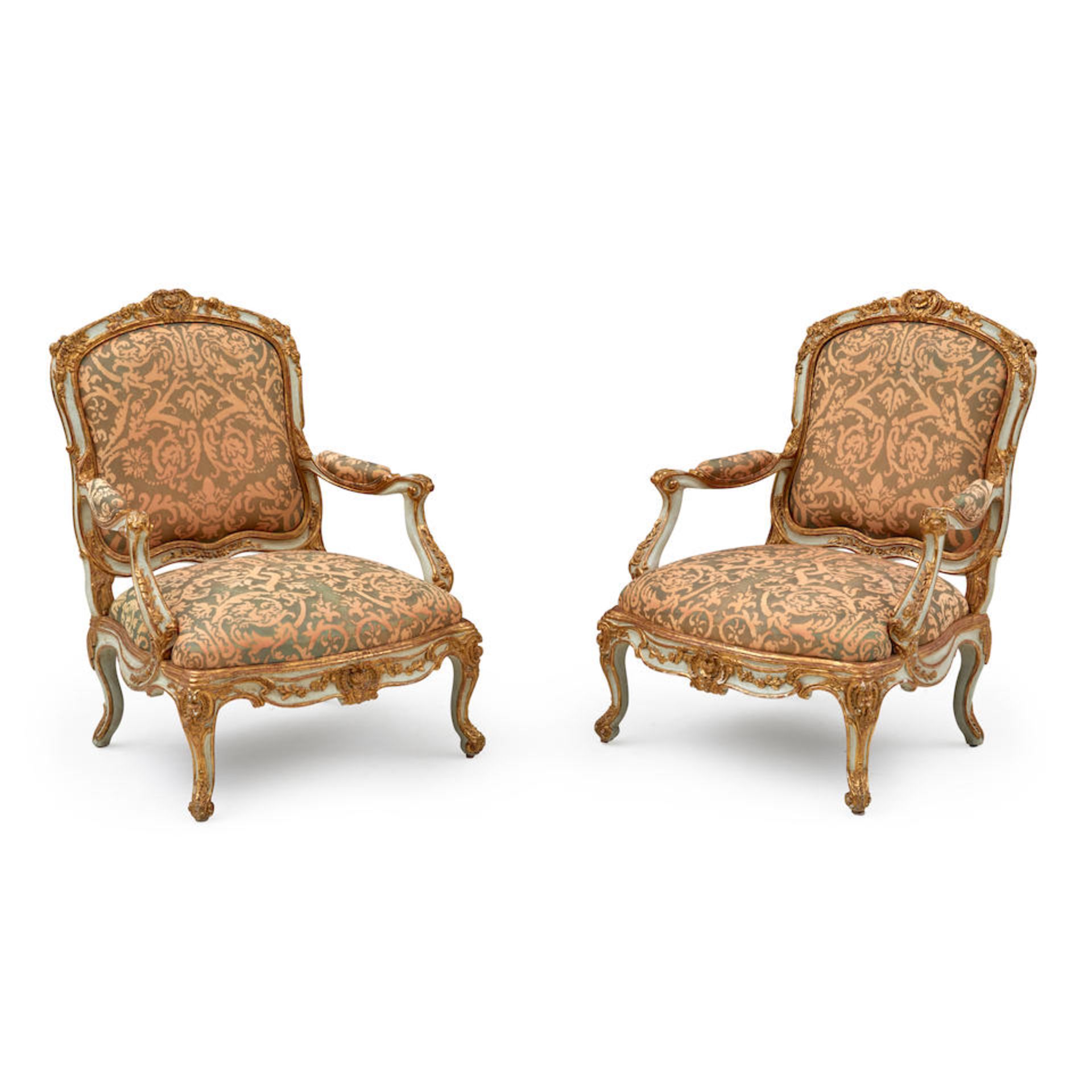 Louis XV-style Painted and Giltwood Armchairs, France, 19th century,