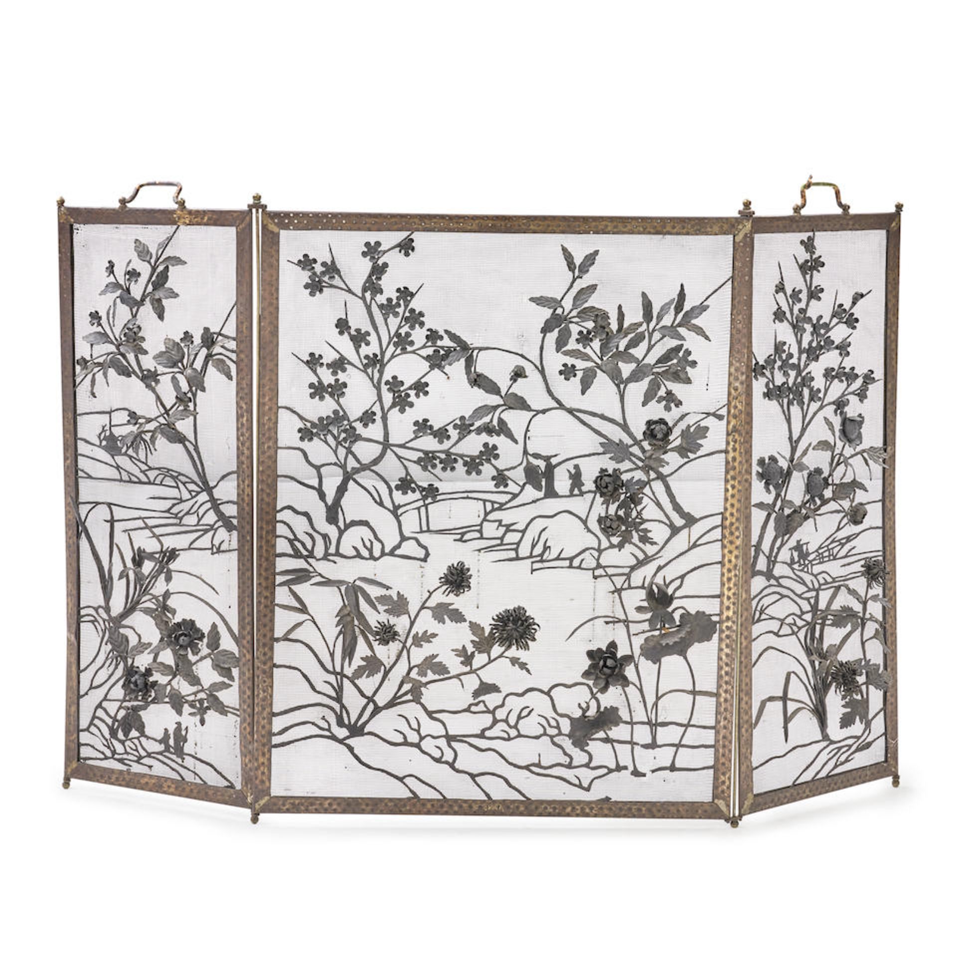 Patinated Brass and Iron Tripart Fire Screen,