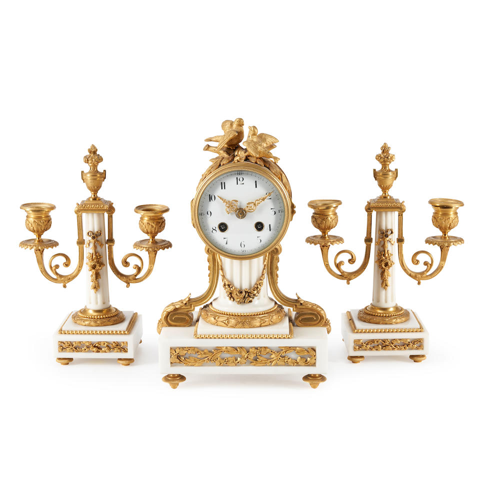 Louis XVI-style Gilt Bronze Mounted Three-piece Clock Garniture, France, late 19th century,