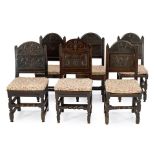 Assembled Set of Six Carved Oak Side Chairs, Lancashire, England, 17th century,