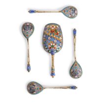 Four Russian .875 Silver Gilt and Cloisonne Enamel Demitasse Spoons and a Sugar Scoop,