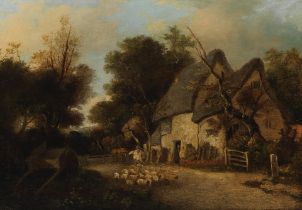 Attributed to John Crome (British, 1768-1821) Shepherd and flock by a cottage