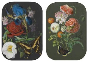 Eli Christel (German, 1801-1881) Swallowtail, Iris, Peonies and Columbine; Camberwell Beauty, Ra...
