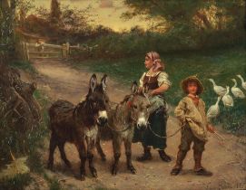 Edgar Bundy (British, 1862-1922) Children with donkeys and geese