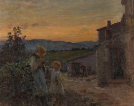 Frederick Stead (British, 1863-1940) Sisters in a farmyard at dusk