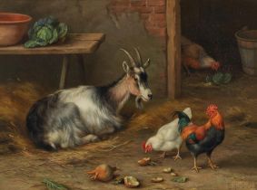 Edgar Hunt (British, 1876-1955) A goat and hens