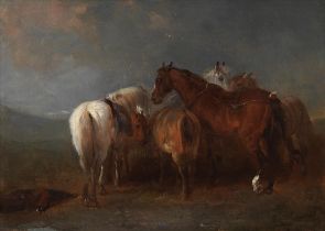 Attributed to Edward Robert Smythe (British, 1810-1899) Ponies by a feed trough