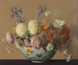 Archibald George Barnes (British, 1887-1972) Chrysanthemums and daisies in a blue and white bowl