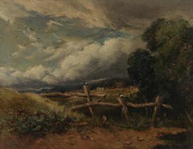 David Cox Snr. O.W.S. (British, 1783-1859) Haymaking landscape with approaching storm