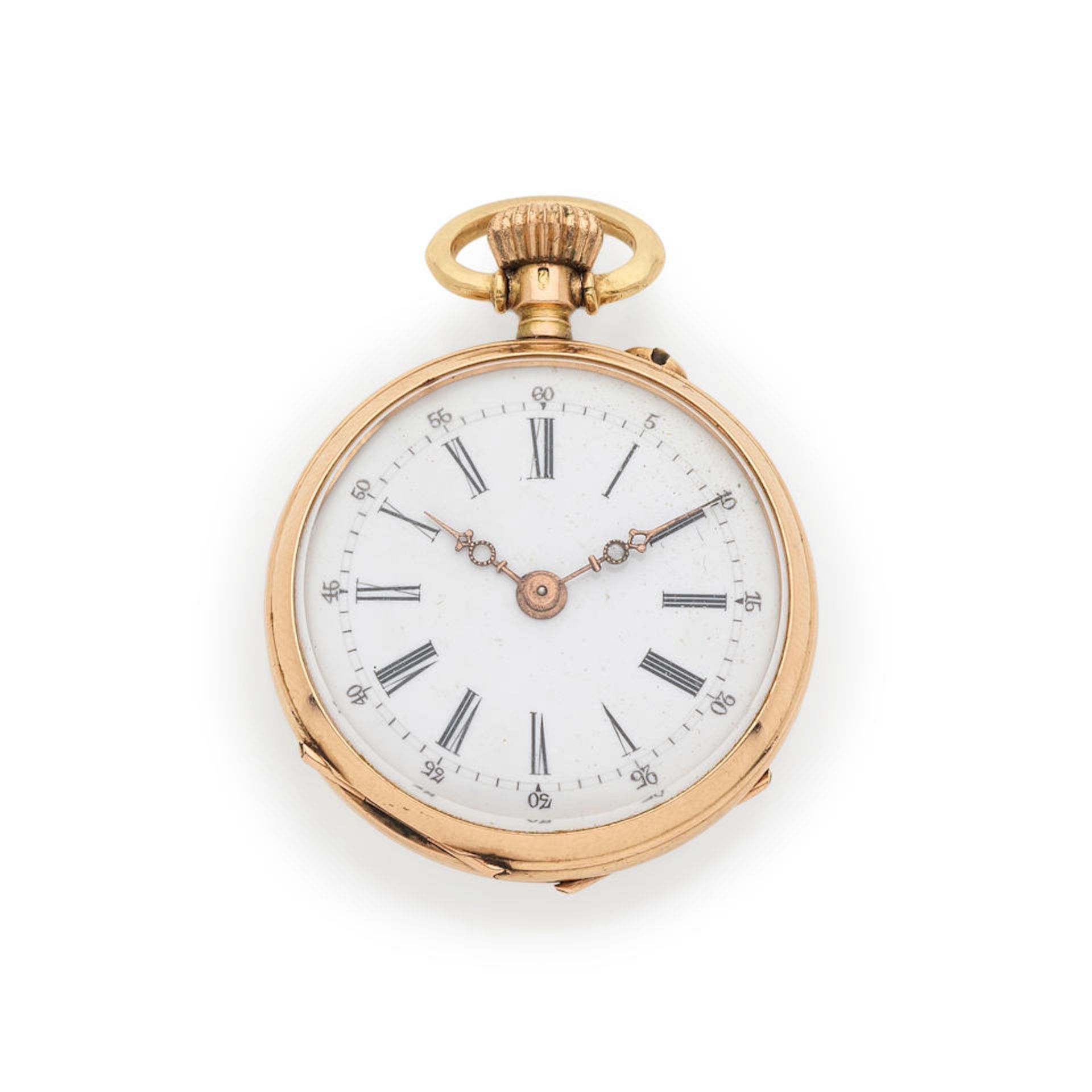 A 14K gold open face keyless wind pocket watch Montre de gousset en or rose 14K (585) à cad...