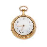 Joseph Millis London. A fine 18K gold open face key wind pocket watch with enamelled back and pe...
