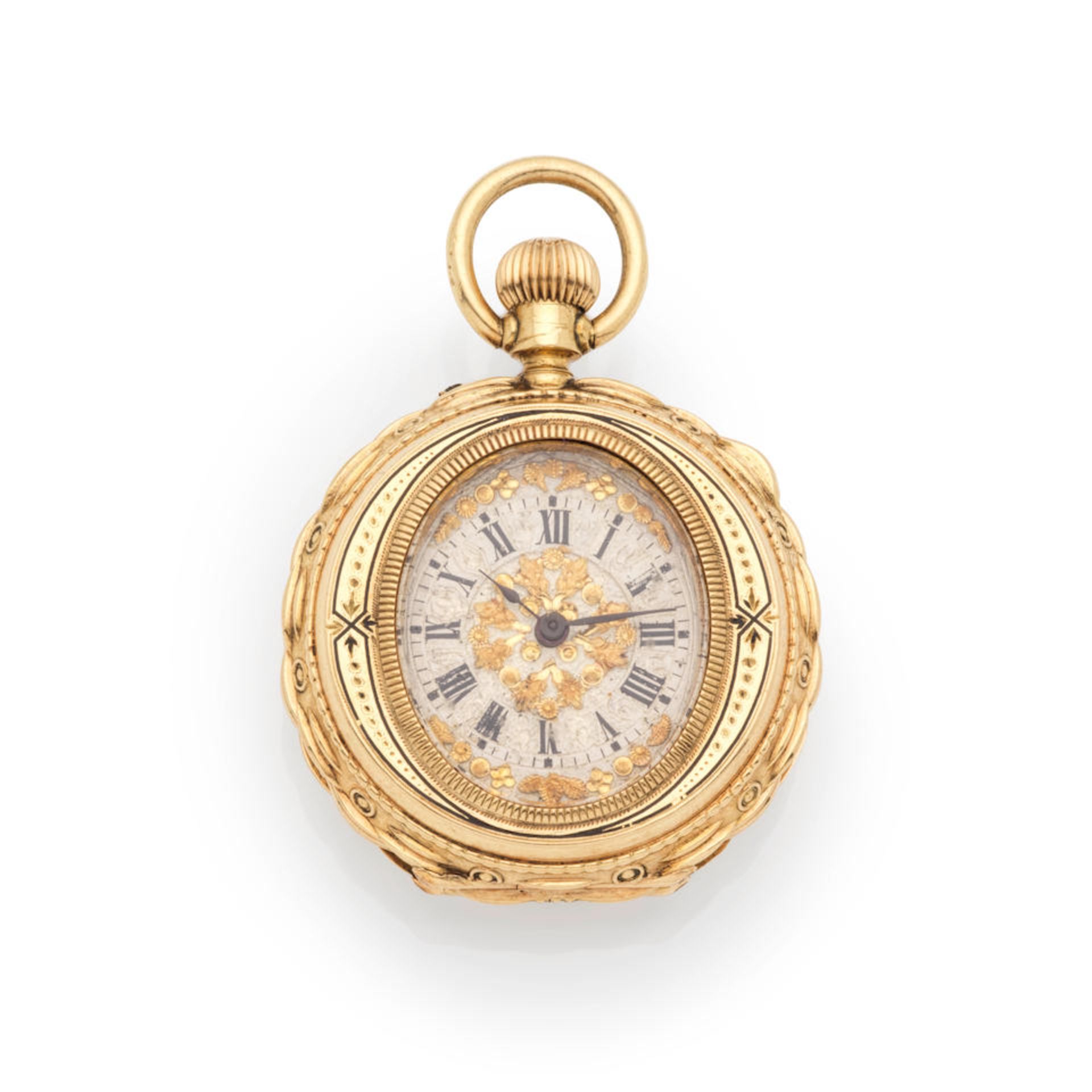 An 18K gold open face enamelled keyless wind pocket watch Montre de gousset en or jaune 18K (750...