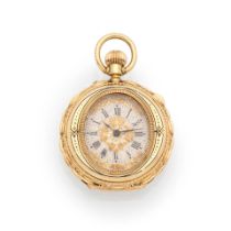 An 18K gold open face enamelled keyless wind pocket watch Montre de gousset en or jaune 18K (750...