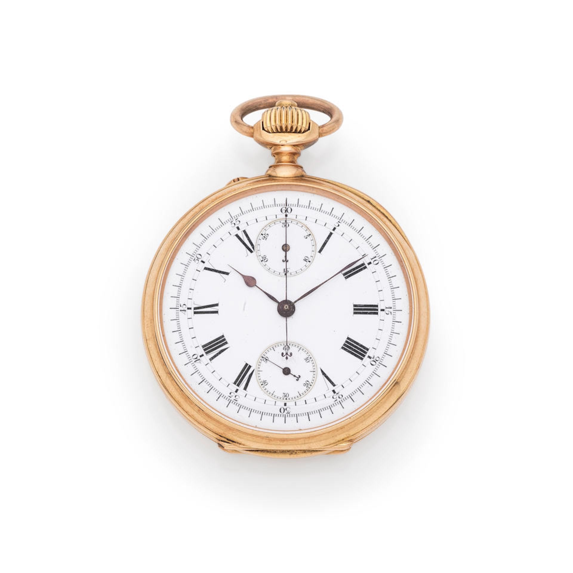 An 18K gold open face keyless wind chronograph pocket watch Chronographe de poche à cadran ...