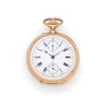 An 18K gold open face keyless wind chronograph pocket watch Chronographe de poche à cadran ...