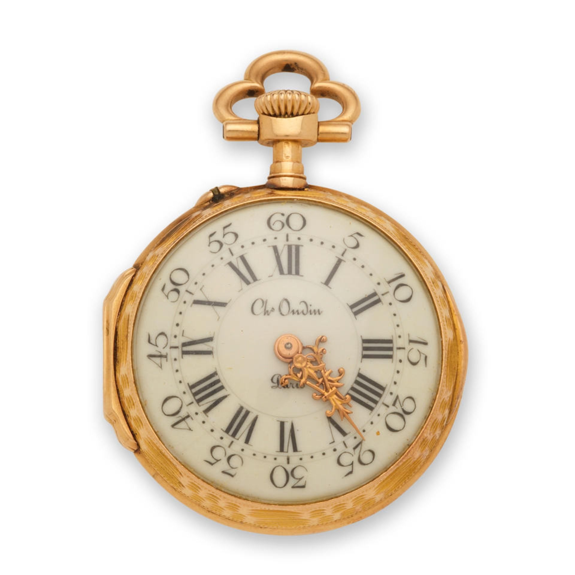 An 18K gold open face keyless wind pocket watch Montre de poche à cadran ouvert en or jaune...