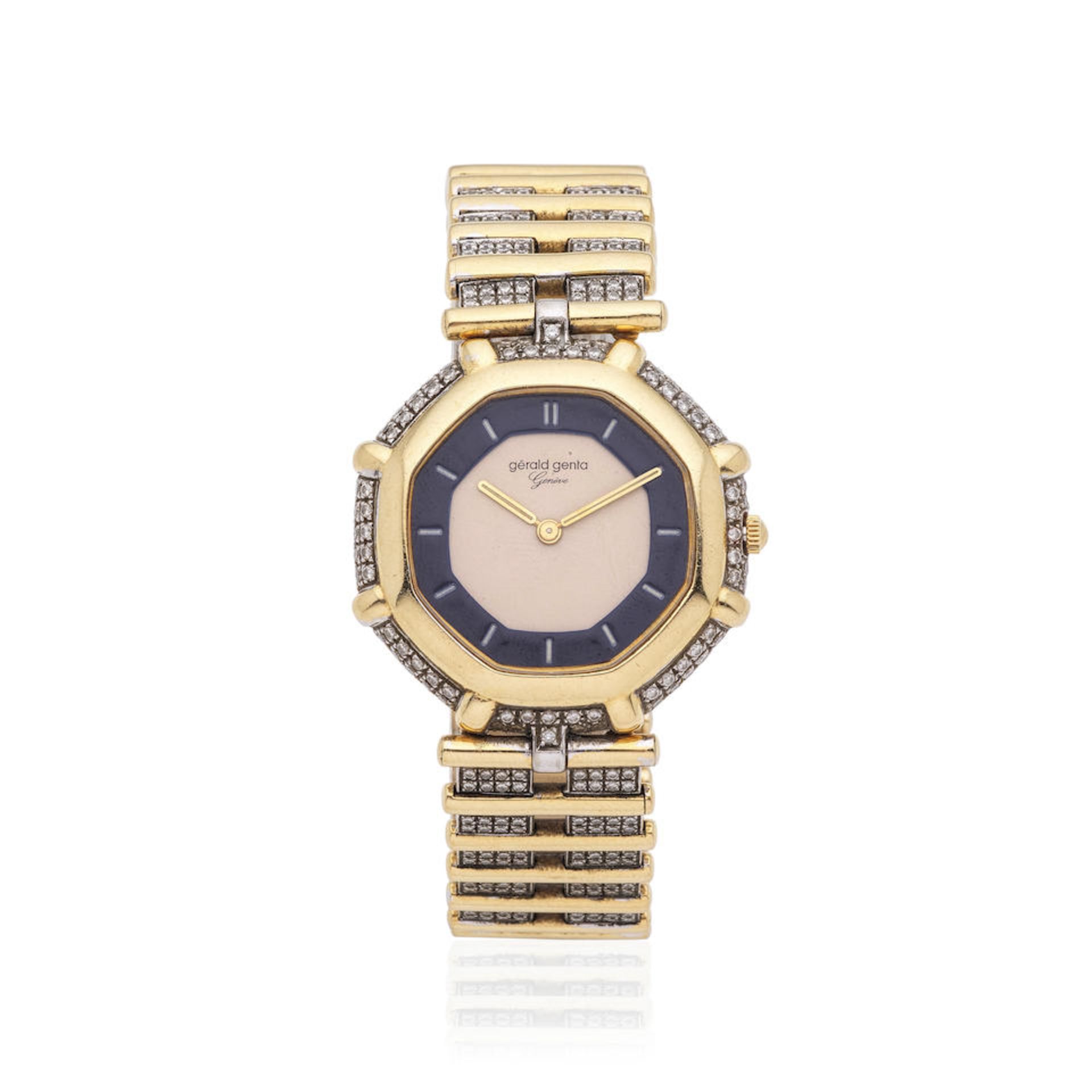 Gerald Genta. An 18K white and yellow gold automatic bracelet watch with diamond set bezel and b...