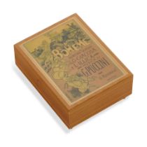 A RUTH BADER GINSBURG JEWELRY BOX. An inlaid fruitwood musical jewelry box, 140 x 110 x 55 mm, w...