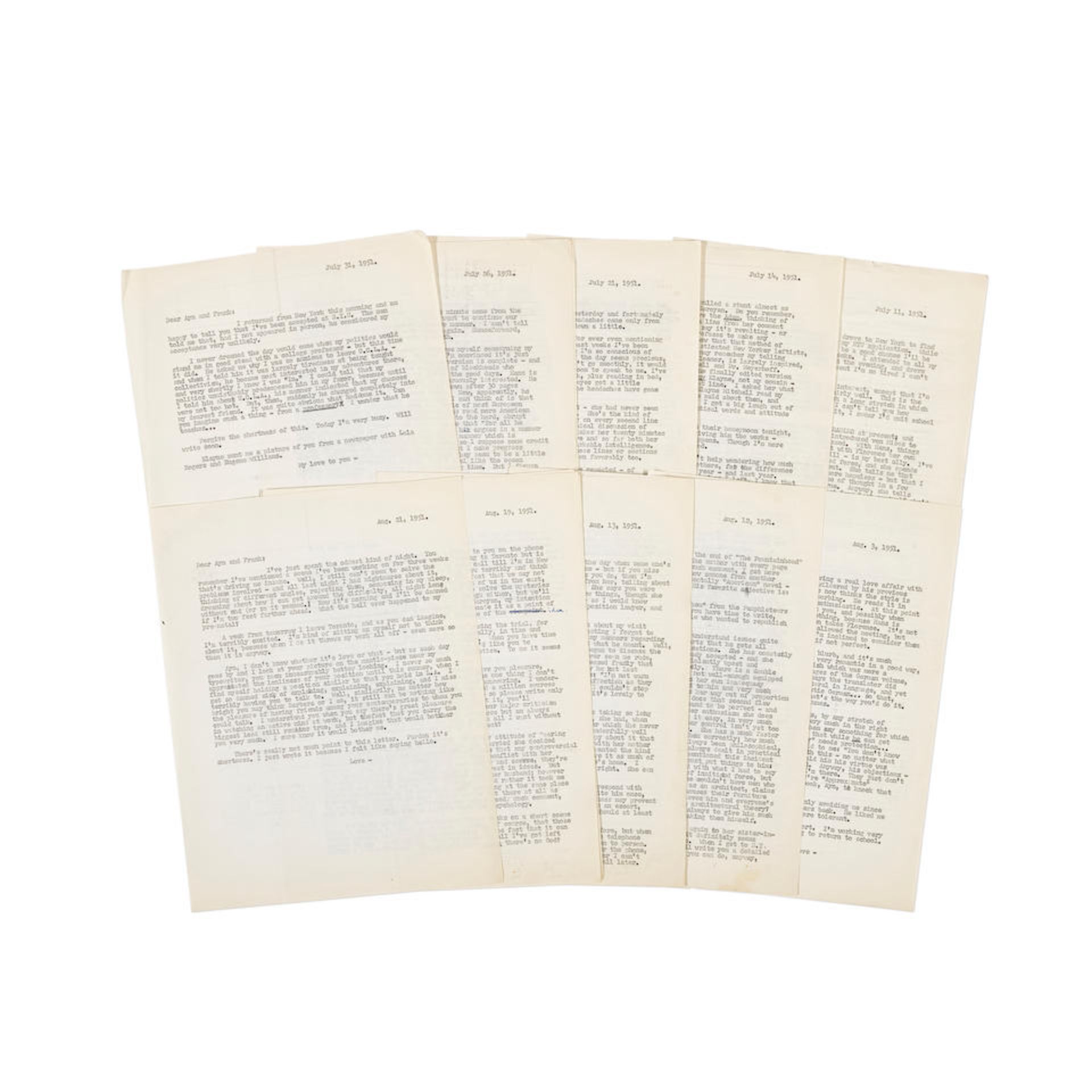 ARCHIVE OF NATHANIEL BRANDEN'S RETAINED CORRESPONDENCE TO NOVELIST AYN RAND. [RAND, AYN], and NA...