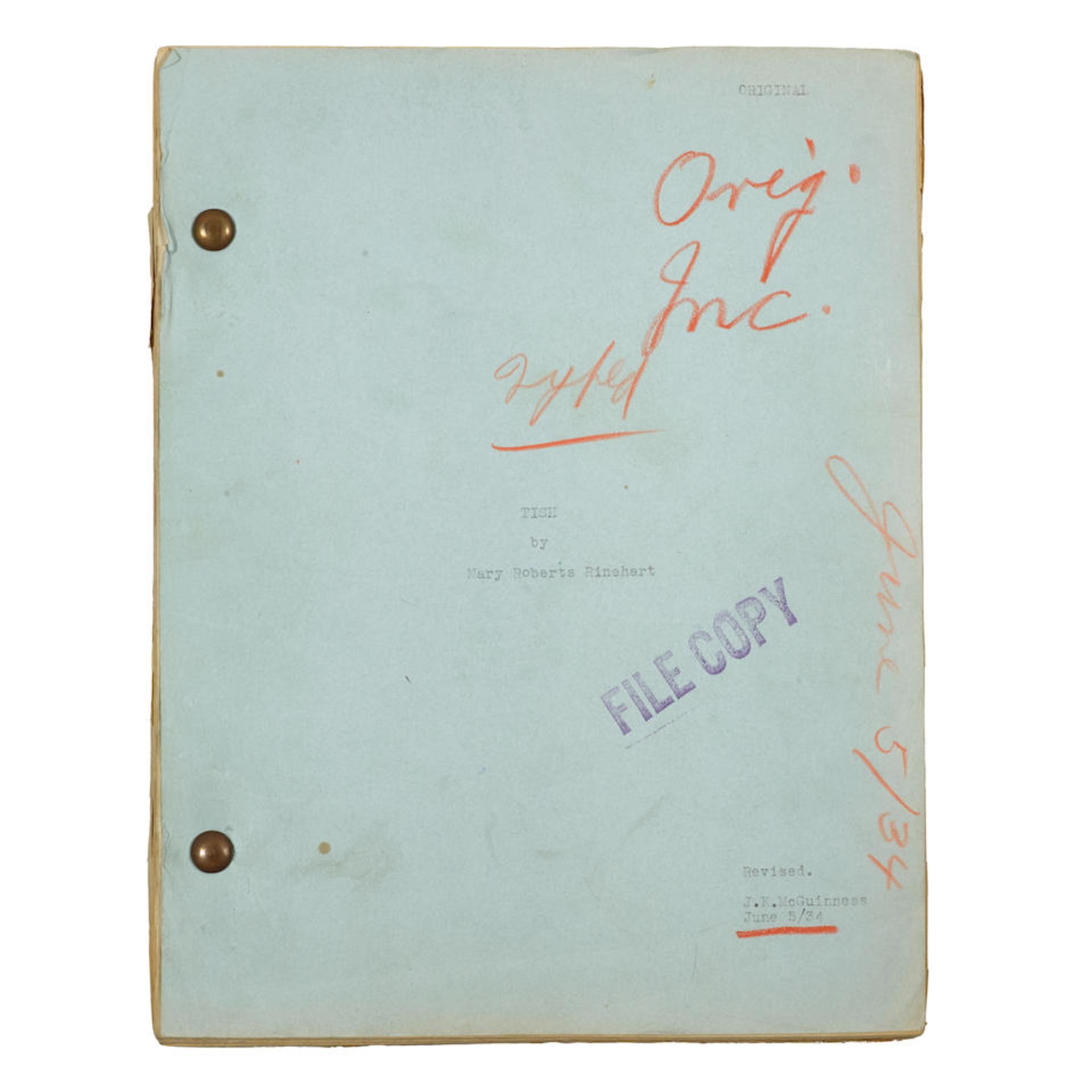 A SCREENPLAY OF MARY ROBERTS RINEHART'S TISH. MCGUINNESS, J.K. Mimeographed Manuscript with anno...