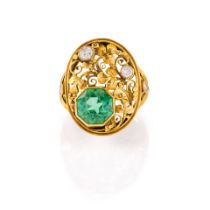 A BOSTON ARTS AND CRAFTS 18K GOLD, TOURMALINE, AND DIAMOND RING, POSSIBLY EDWARD OAKES