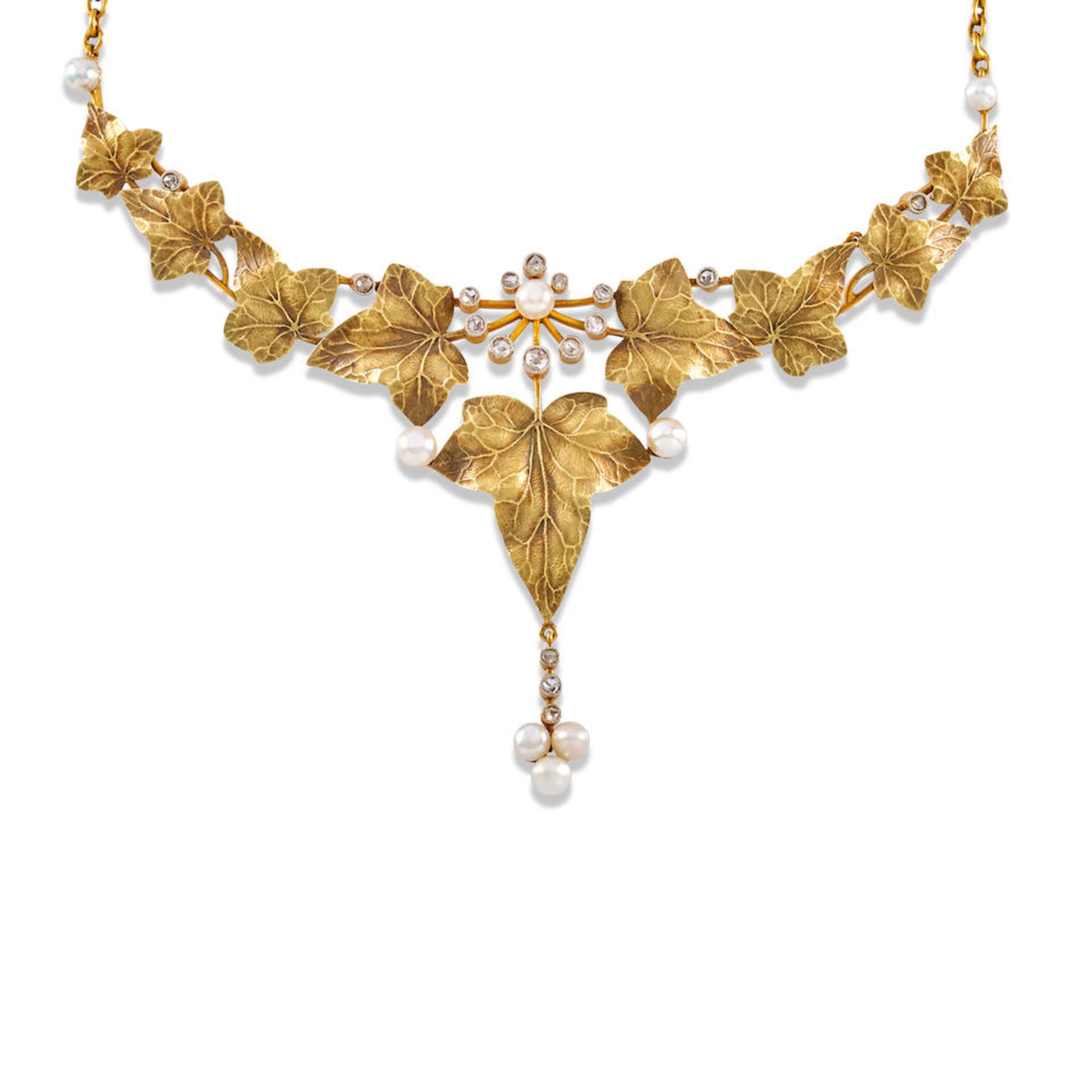 AN ART NOUVEAU 18K GOLD, PEARL, AND DIAMOND LEAF NECKLACE