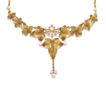 AN ART NOUVEAU 18K GOLD, PEARL, AND DIAMOND LEAF NECKLACE