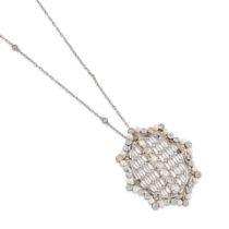 A PLATINUM, PEARL, AND DIAMOND PENDANT NECKLACE