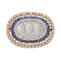 AN ANTQUE CARVED MOONSTONE, SAPPHIRE, AND DIAMOND BROOCH