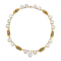 MARGARET ROGERS: AN ARTS AND CRAFTS 18K GOLD, MOONSTONE, AND SAPPHIRE NECKLACE