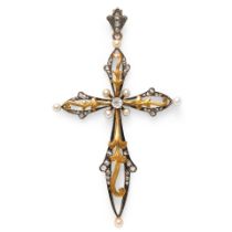 AN ART NOUVEAU GOLD, PEARL, AND DIAMOND CROSS PENDANT