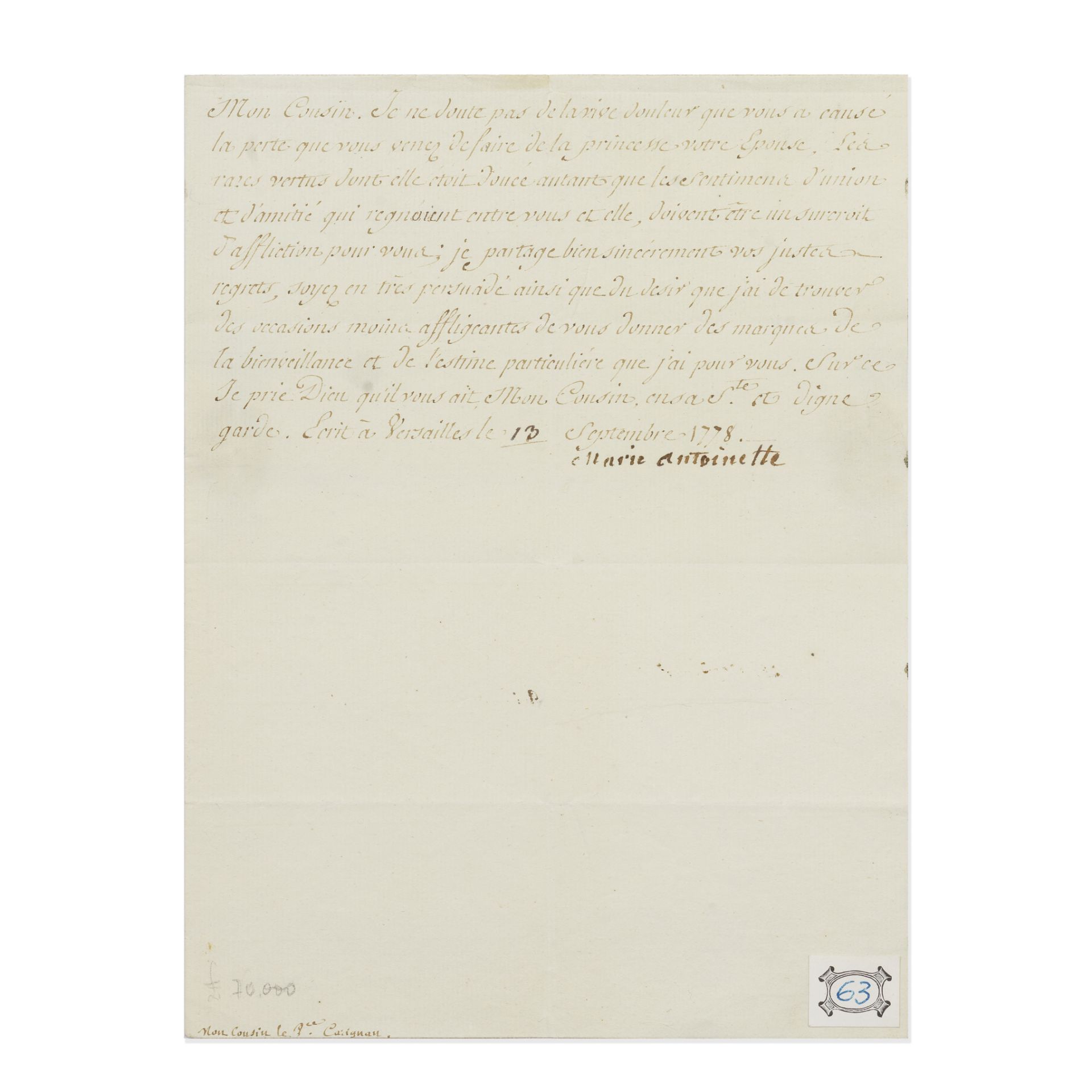 MARIE ANTOINETTE Letter signed ('Marie Antoinette'), Versailles, 13 September 1778