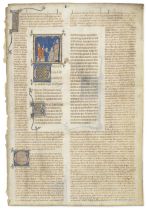 ILLUMINATED MANUSCRIPT LEAF Pope Gregory IX receiving the text of the Decretals from Raymond of ...