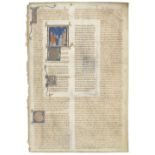 ILLUMINATED MANUSCRIPT LEAF Pope Gregory IX receiving the text of the Decretals from Raymond of ...