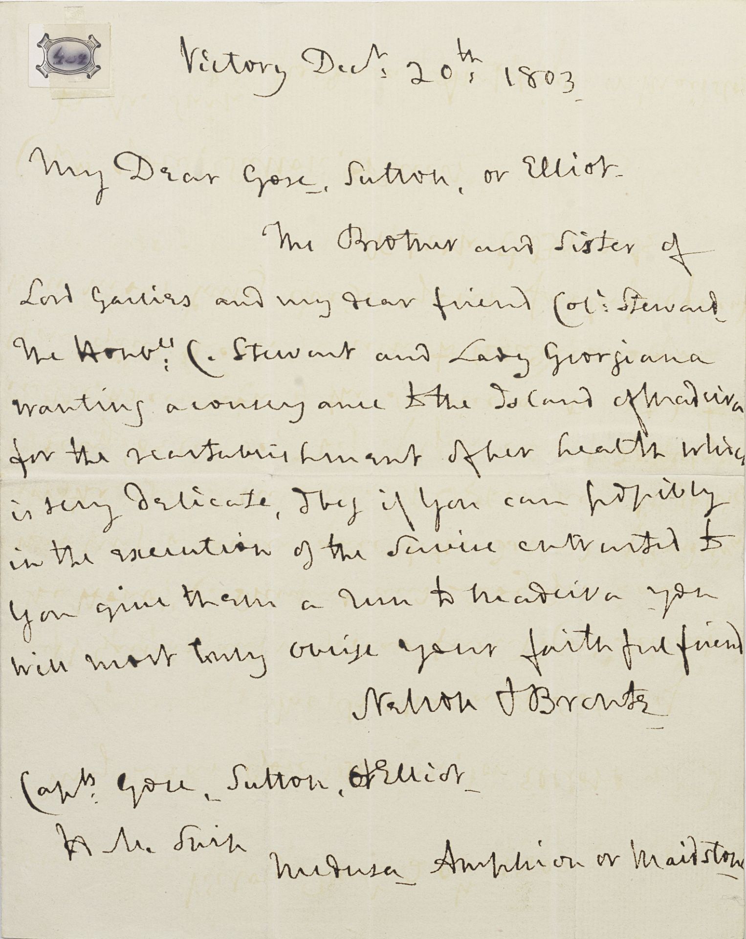 NELSON (HORATIO) Autograph letter signed ('Nelson & Bronte'), 20 December 1803 with autograph fr...