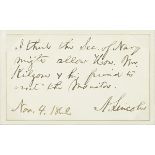 LINCOLN (ABRAHAM) Autograph note signed ('A. Lincoln') on a small card, [n.p. but Washington], 4...