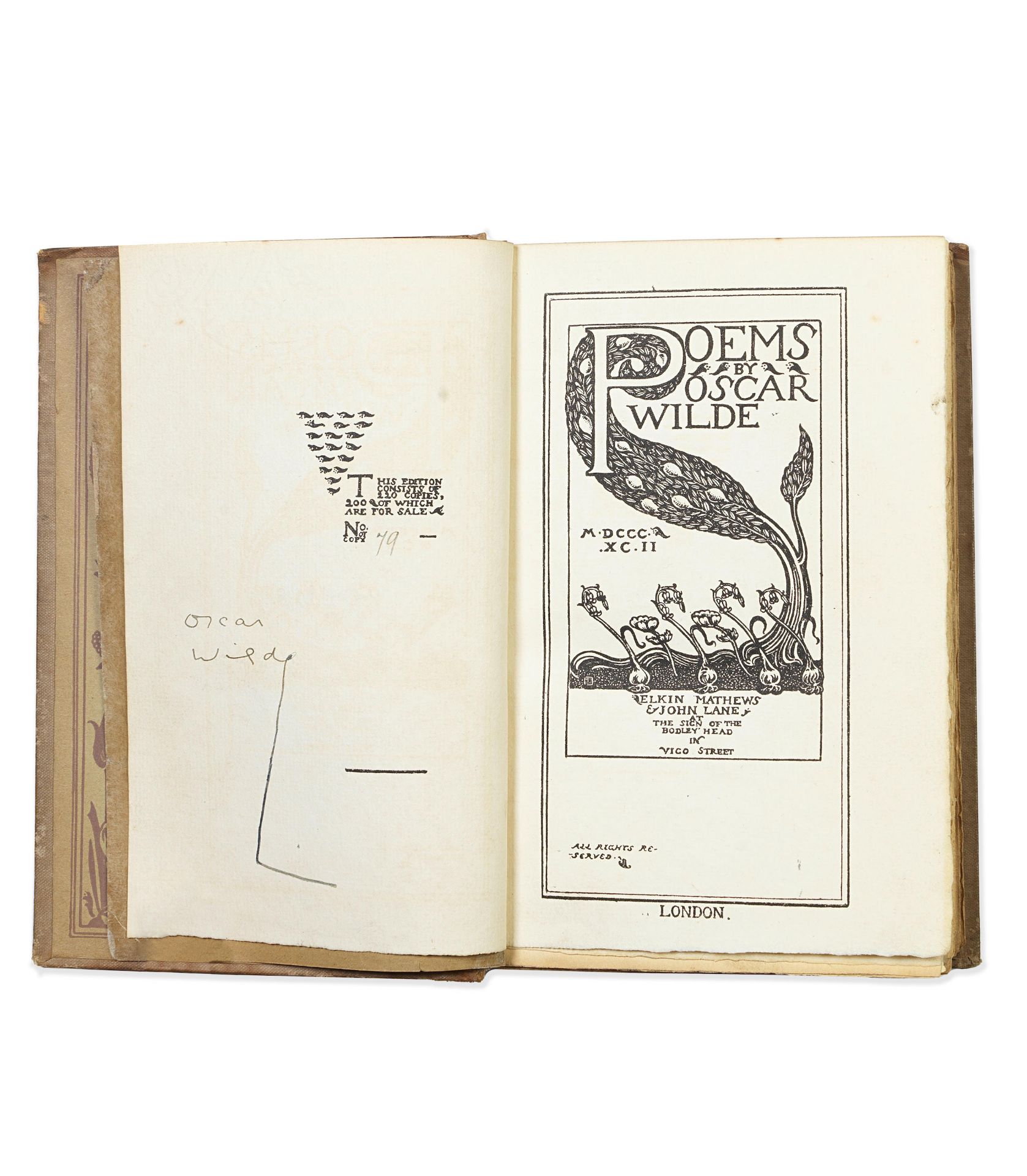 WILDE (OSCAR) Poems, ONE OF 220 COPIES SIGNED BY THE AUTHOR, Elkin Matthews and John Lane, 1892