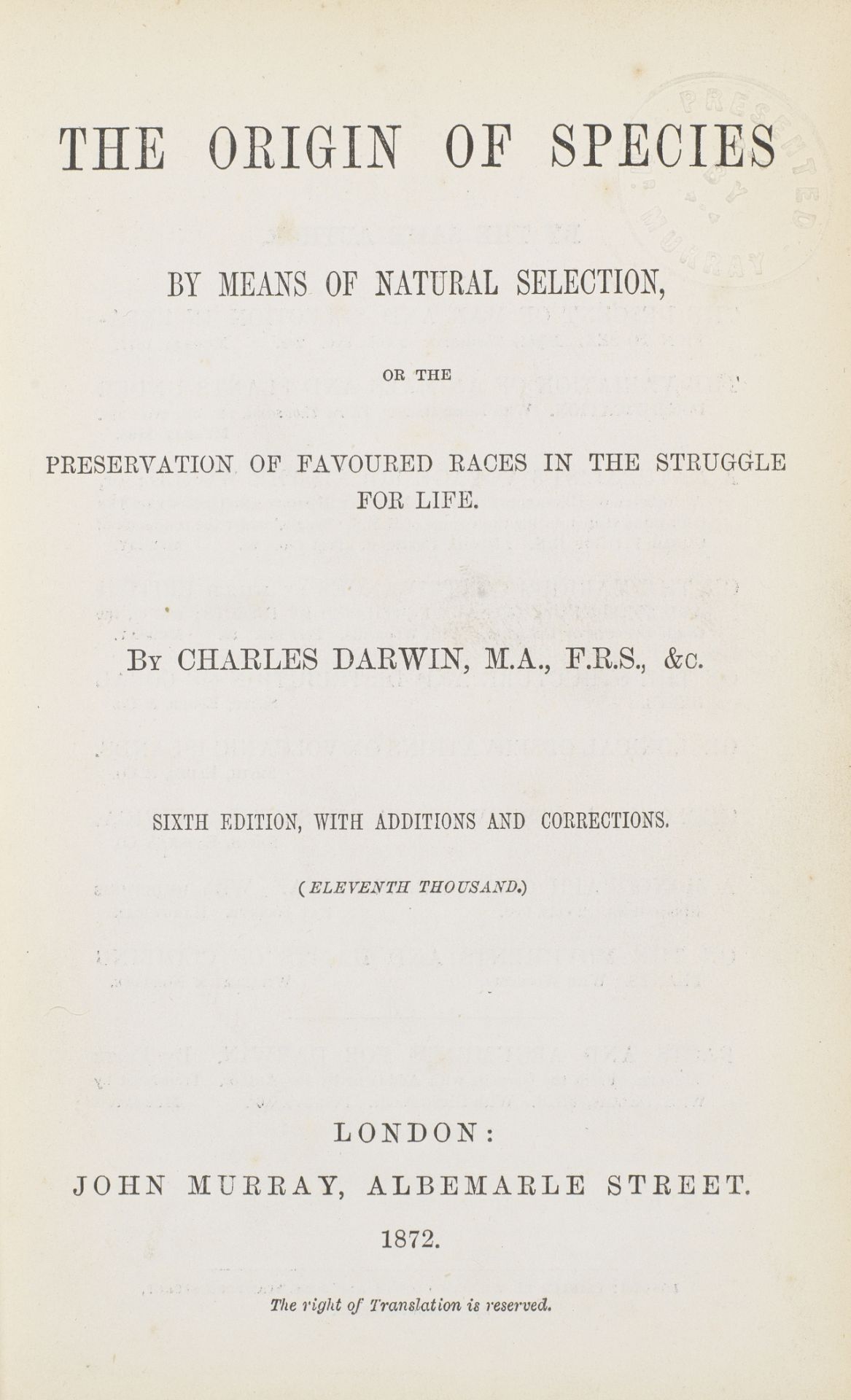 DARWIN (CHARLES) On the Origin of Species by Means of Natural Selection...Sixth Edition with Ad...