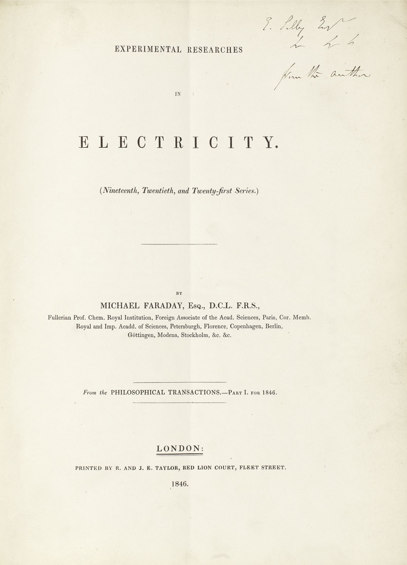 FARADAY (MICHAEL) Experimental Researches in Electricity (Nineteenth, Twentieth, and Twenty-firs...
