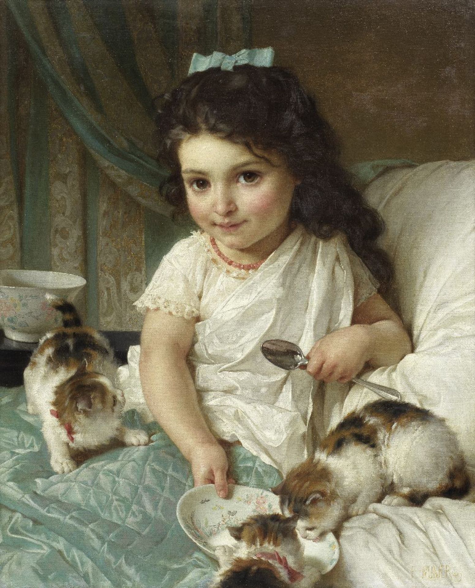 Emile Munier (French, 1840-1895) Feeding the kittens
