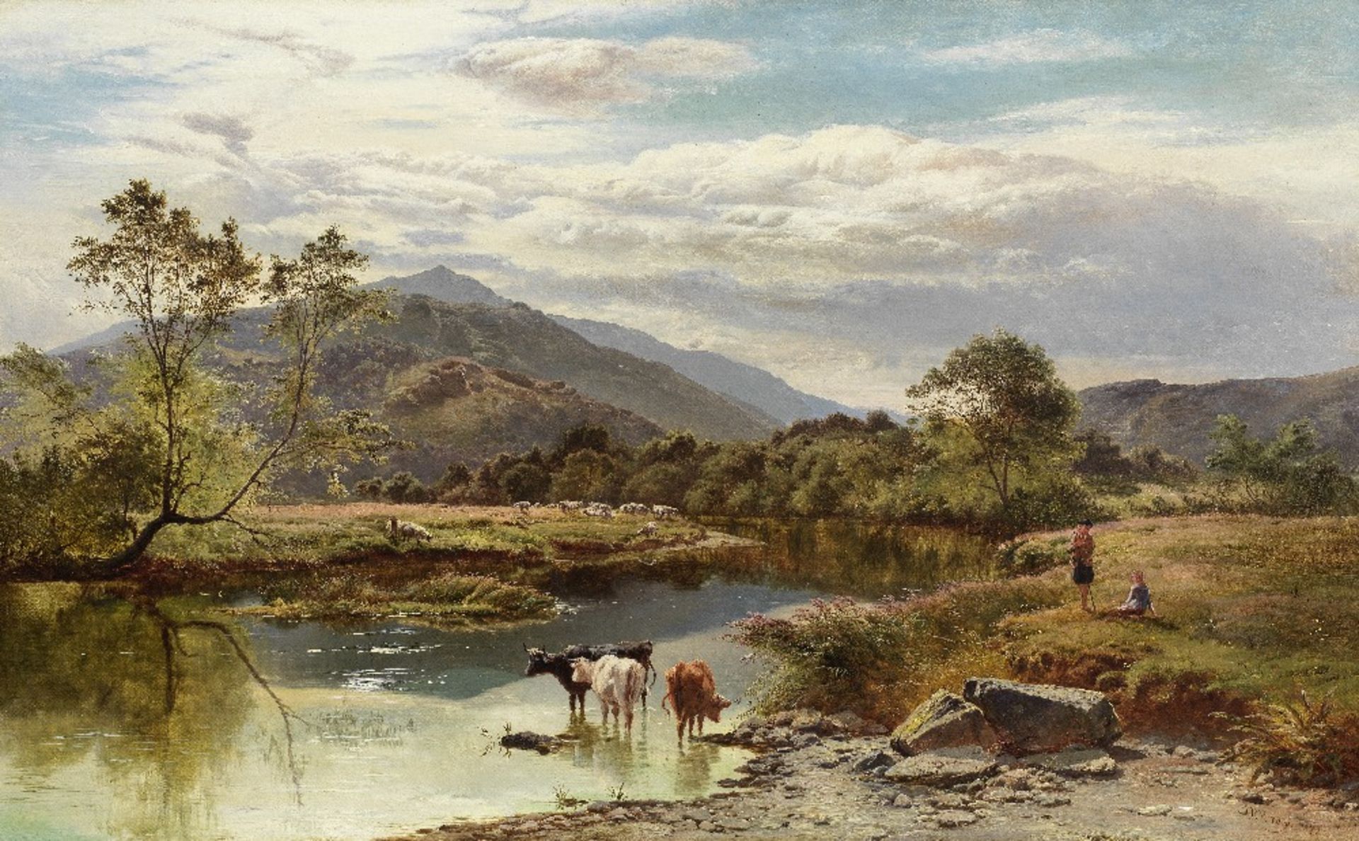 Sidney Richard Percy (British, 1821-1886) River landscape with cattle watering