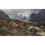 Louis Bosworth Hurt (British, 1856-1929) Cattle driven through a highland glen