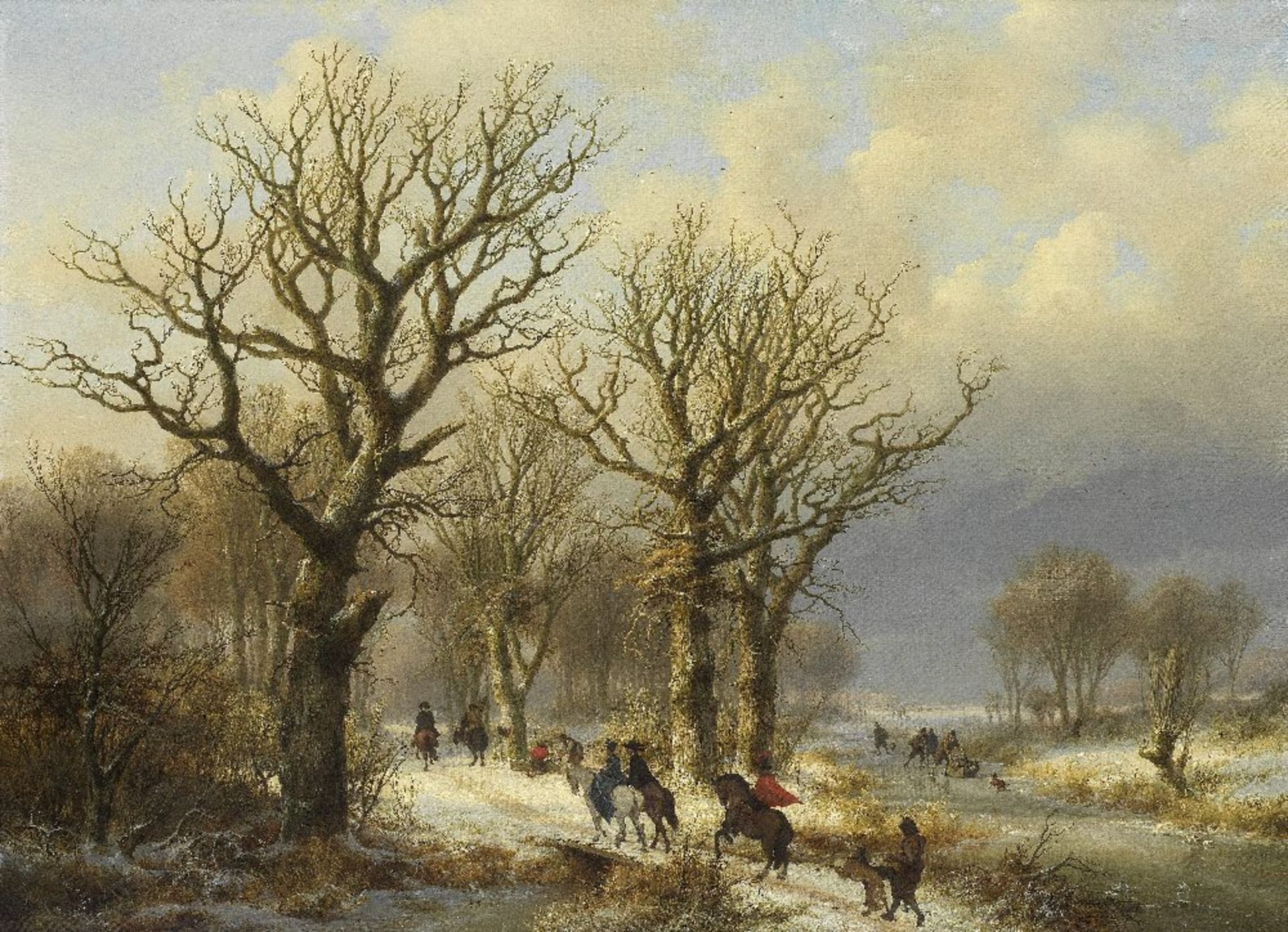 Johann Bernard Klombeck (Belgian, 1815-1893) Dutch winter scene with figures an woodland path an...