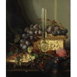 Edward Ladell (British, 1821-1886) Still life with fruit, ivory box and glass vase