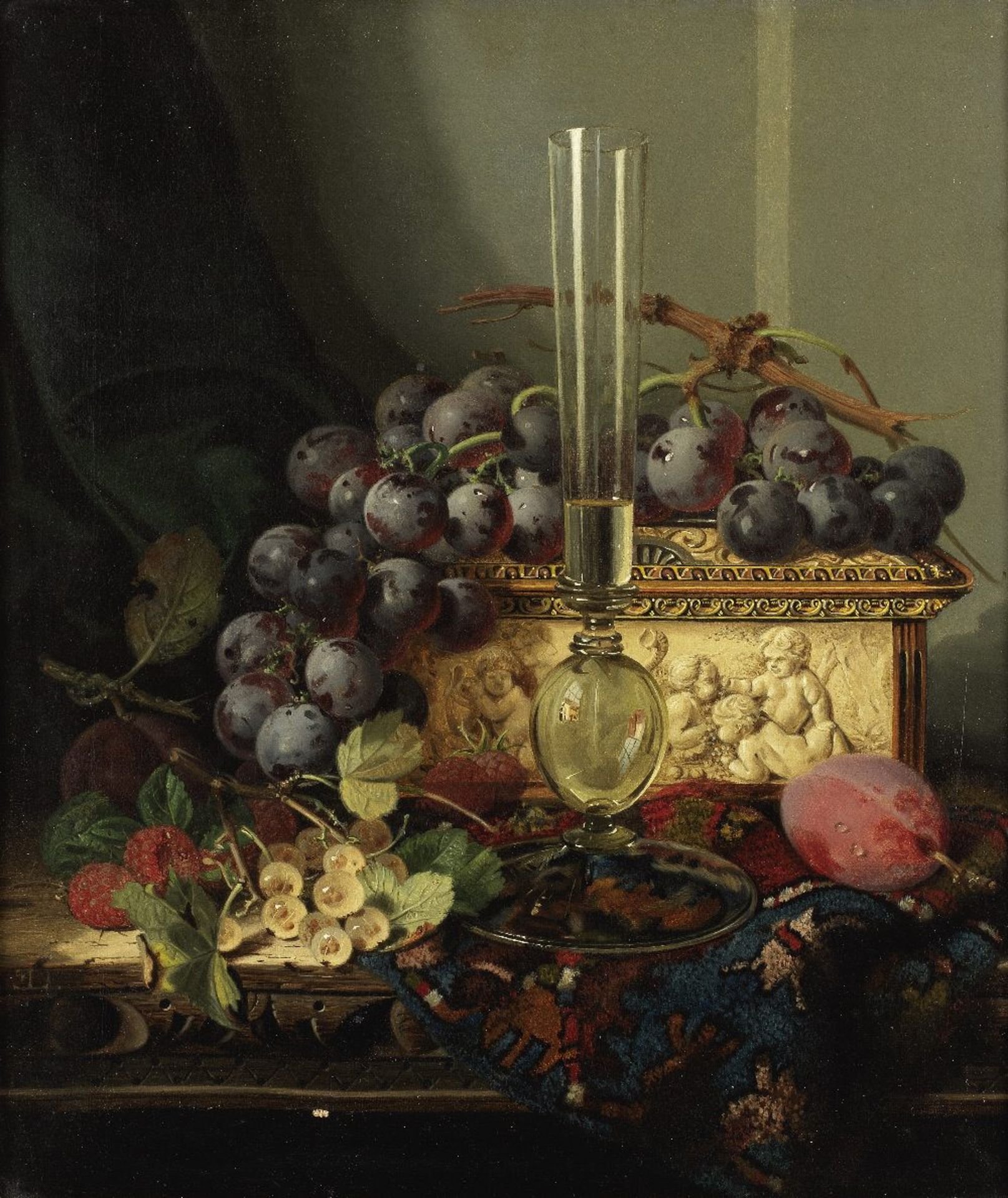 Edward Ladell (British, 1821-1886) Still life with fruit, ivory box and glass vase